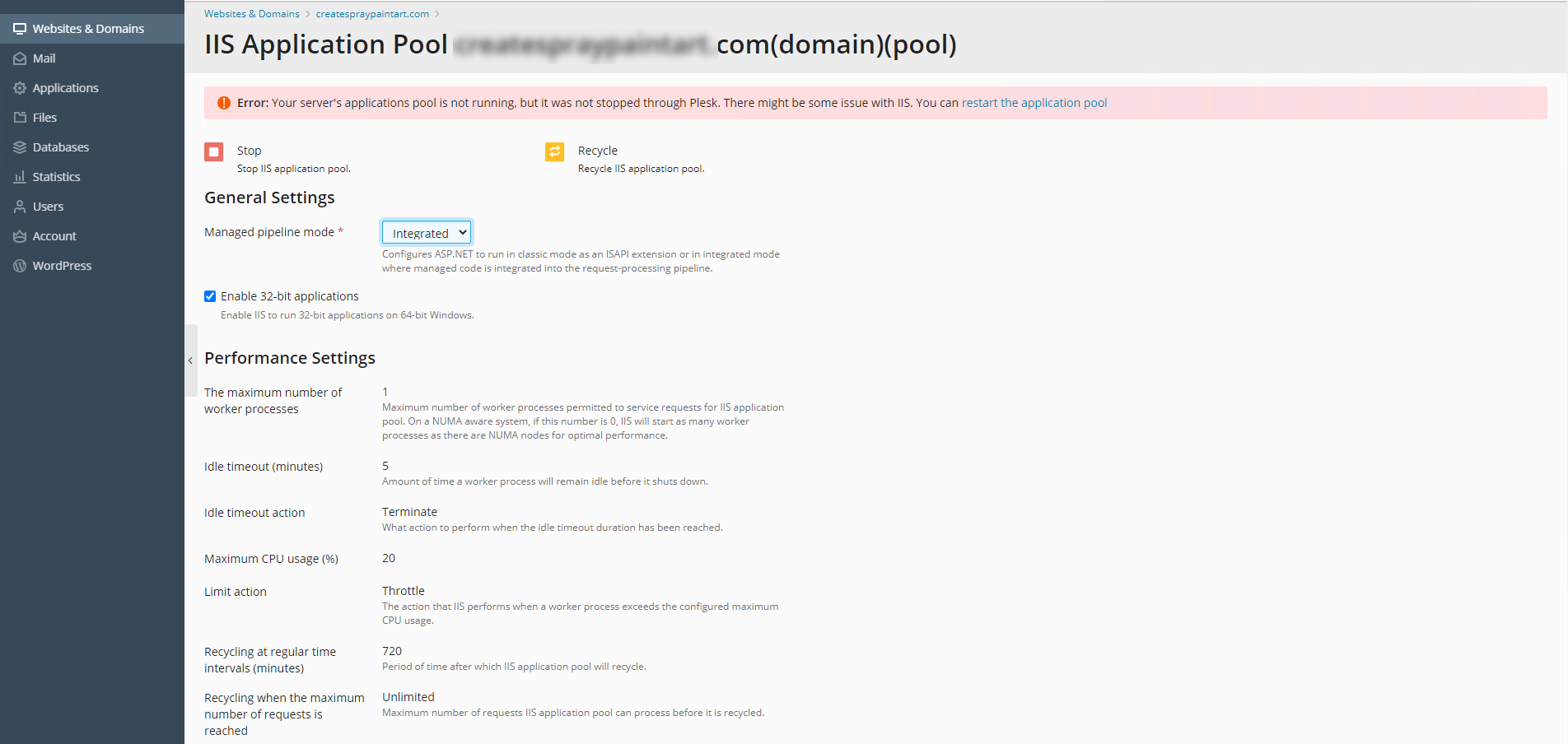 HostGator Plesk  Dedicated IIS Application Pool for Website 503 Error