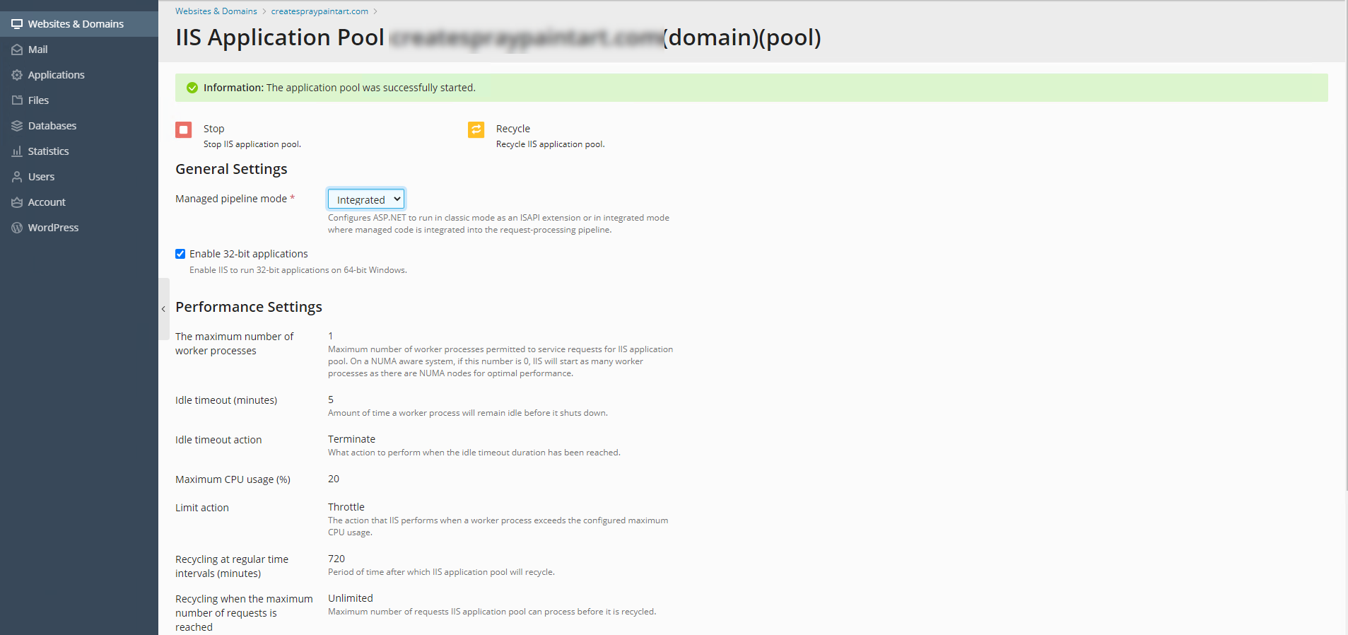HostGator Plesk  Dedicated IIS Application Pool for Website Recycled Pool