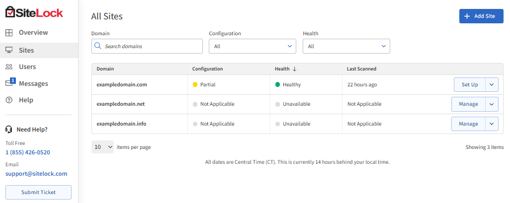 SiteLock - Sites tab