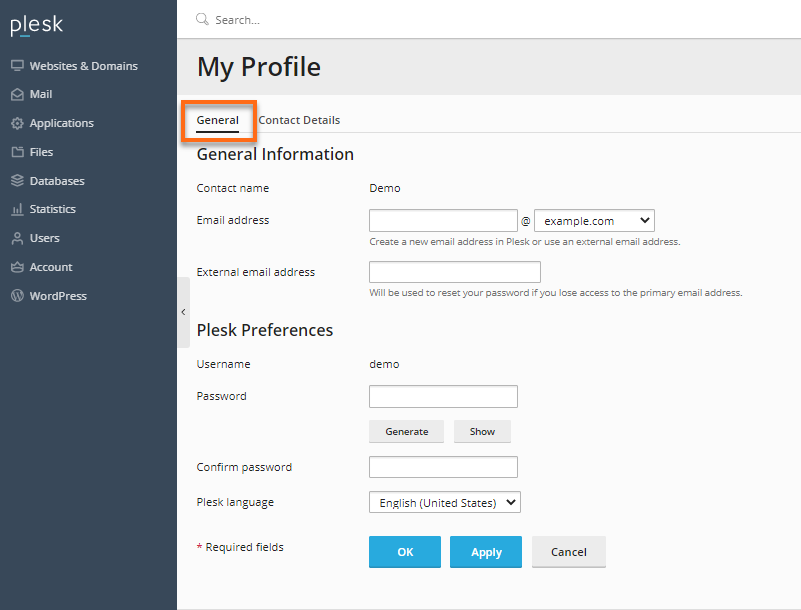 Plesk My Profile Page
