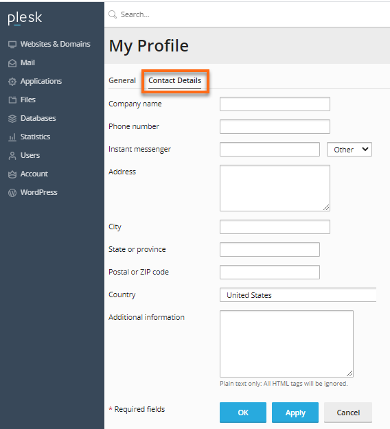 Plesk 18 Contact Details tab