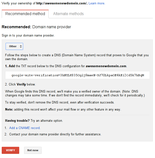 Google Admin Console Verify Added Domain