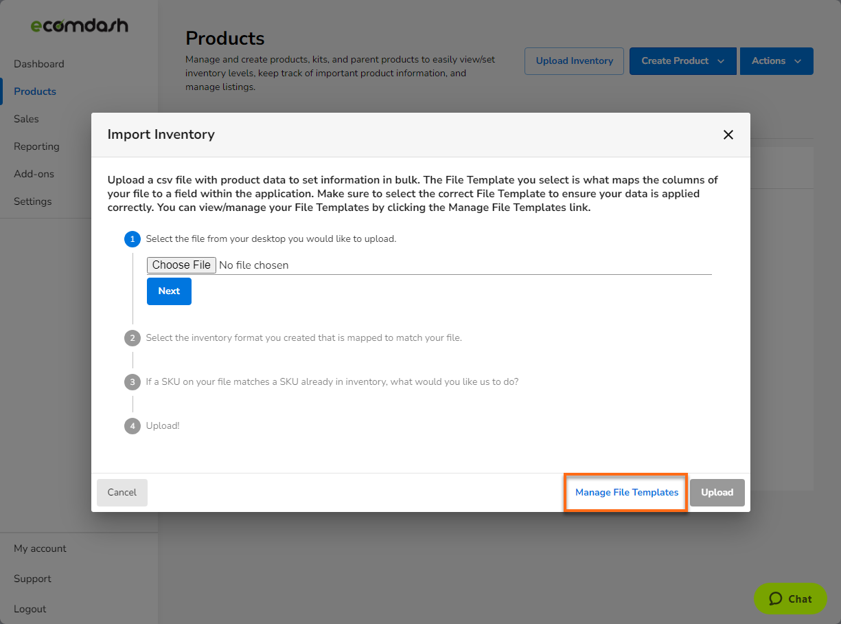 HostGator Ecomdash - Products Tab Upload Inventory File Template