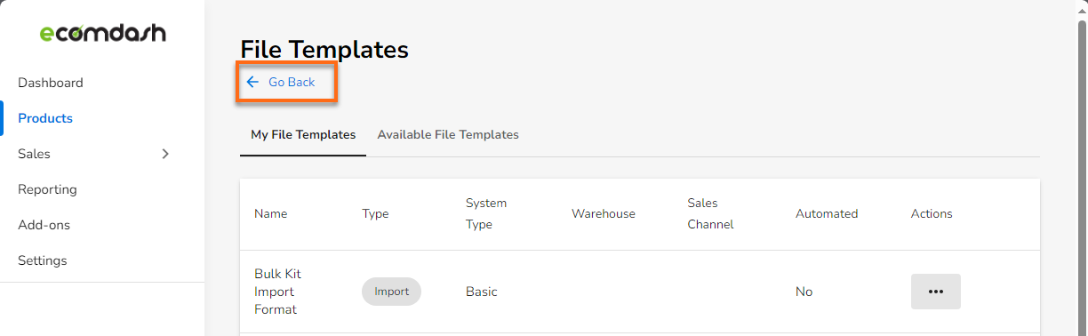 HostGator Ecomdash - Products Tab Go Back Button