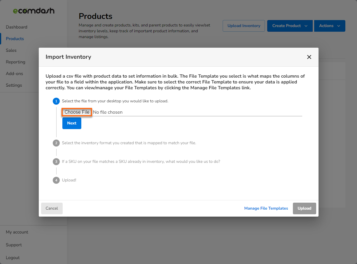 HostGator Ecomdash - Products Tab Import Inventory Button Choose File