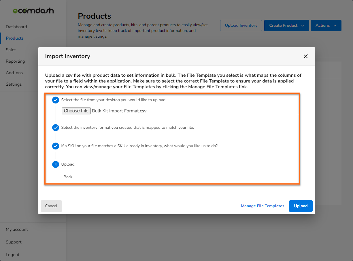 HostGator Ecomdash - Products Tab Import Inventory Details