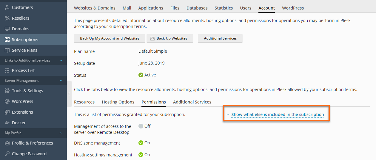 Plesk - Show what else is included in the subscription
