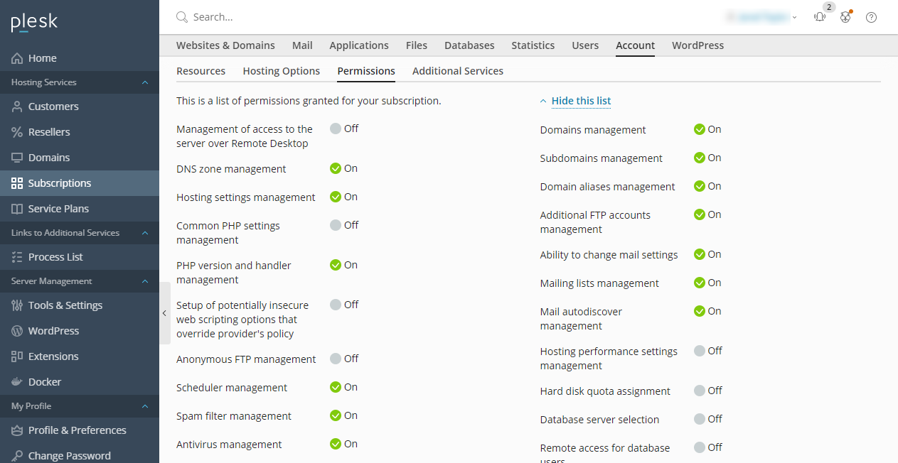 Plesk - Show what else is included in the subscription List