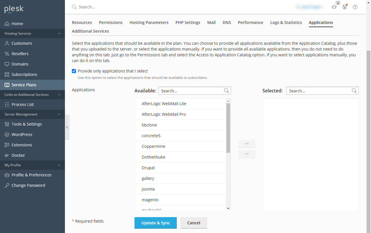 Plesk - Service Plans Selected Application