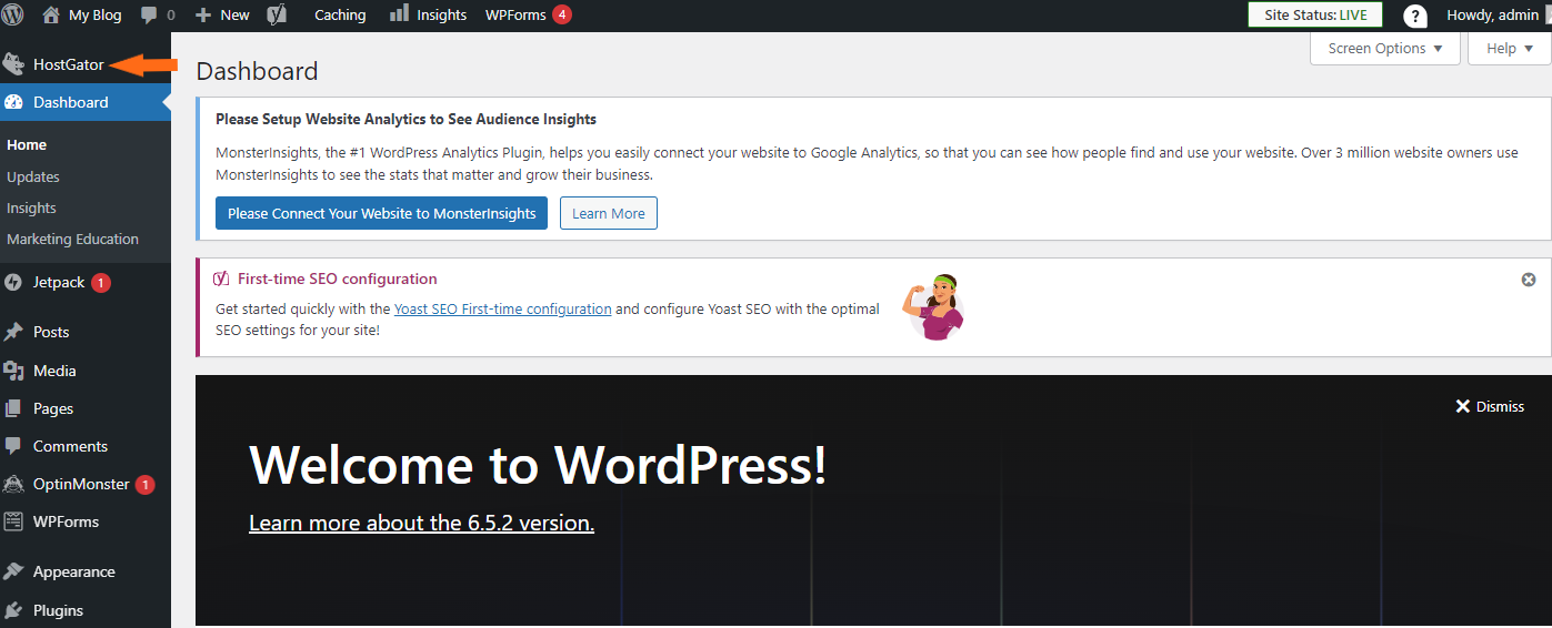 WordPress HostGator plugin - main menu
