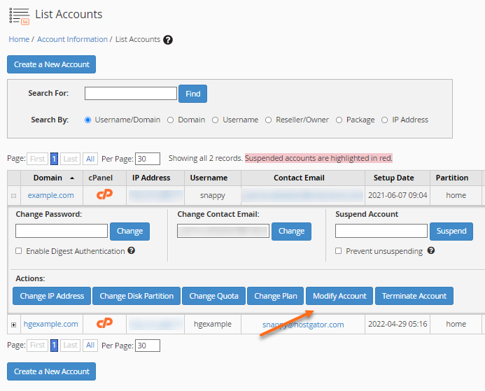 WHM - cPanel - Modify an Account