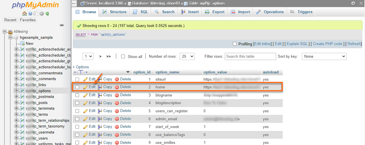 HostGator phpMyAdmin site url 编辑