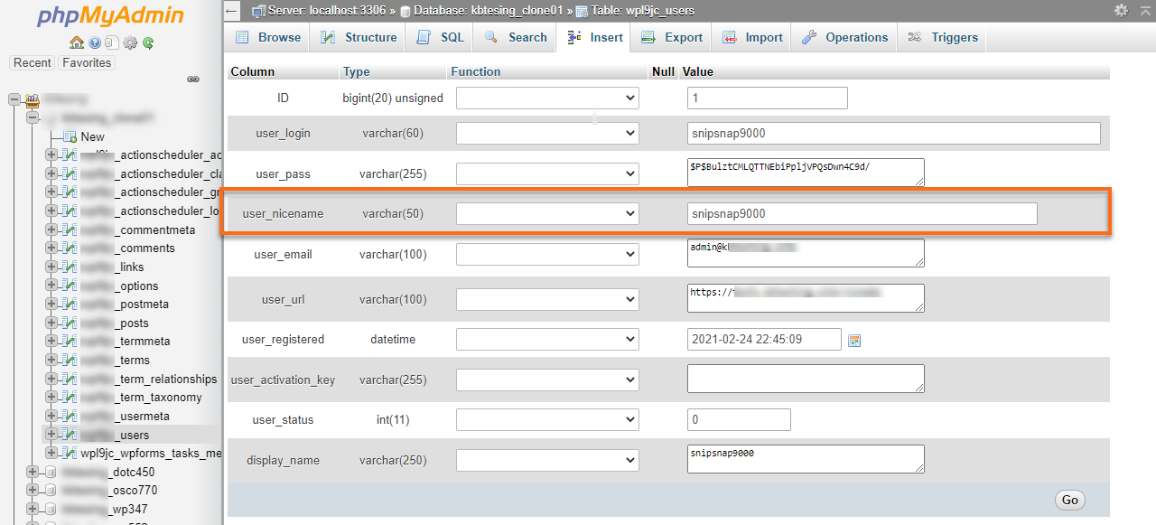 phpMyAdmin user_nicename