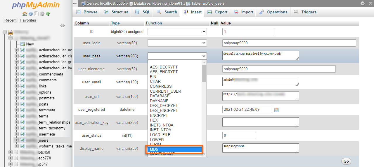 phpMyAdmin user_pass