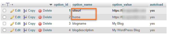 Edit the siteurl and home rows