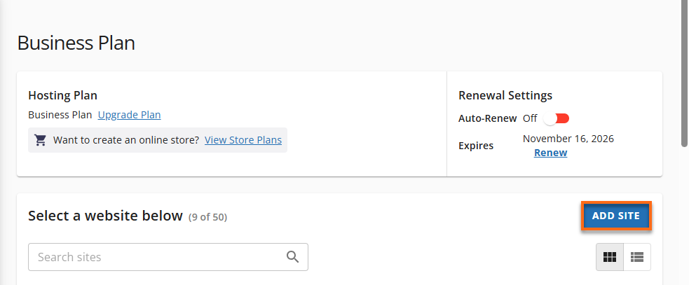 HG Customer Portal Hosting Tab - Add Site