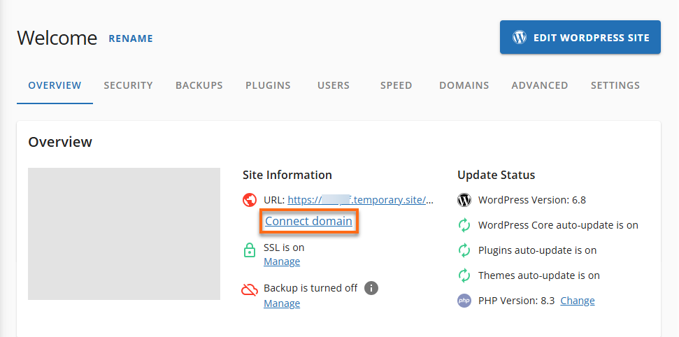 HG Customer Portal Website Tab - Site Information Connect domain