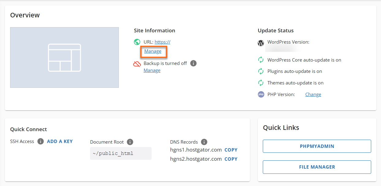 click the hyperlink word manage under site information