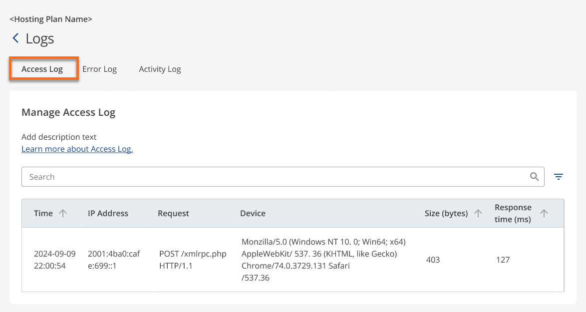 Access Logs - Logs card - Access Log tab