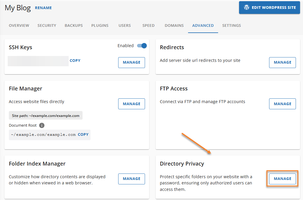 Hostgator Directory Privacy Manage Button