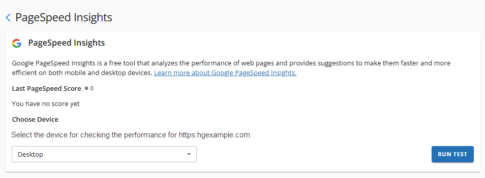PageSpeed Insights Panel - Choose a Device Type and Run Test