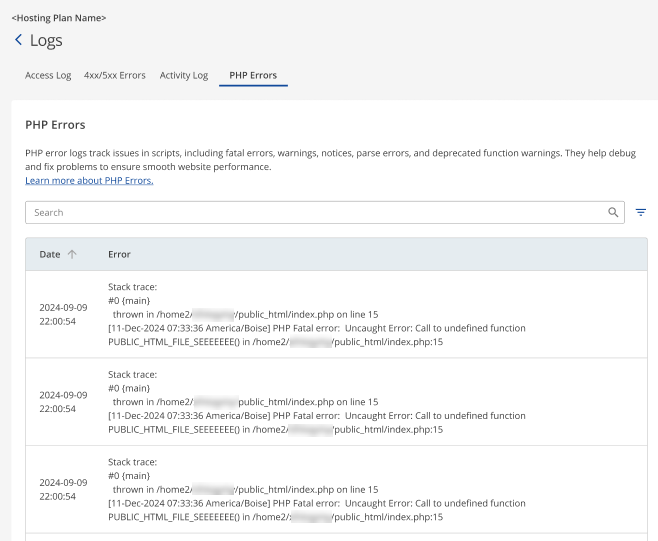 PHP Error Logs details