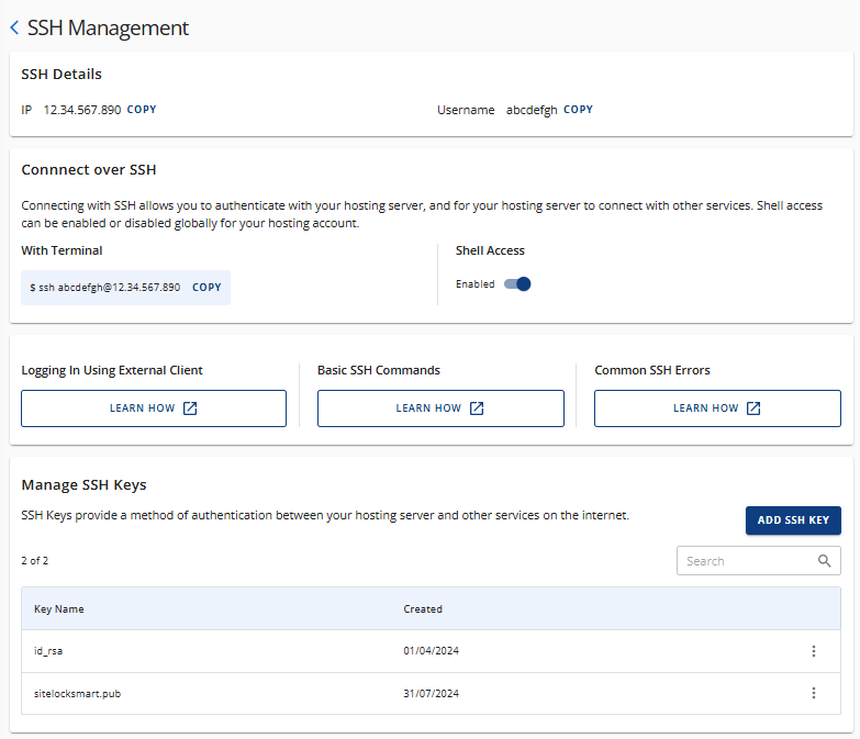 SSh Keys - SSH Management panel