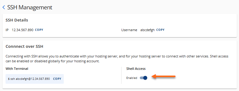 Manage SSH Keys - SSH Access toggle on or off