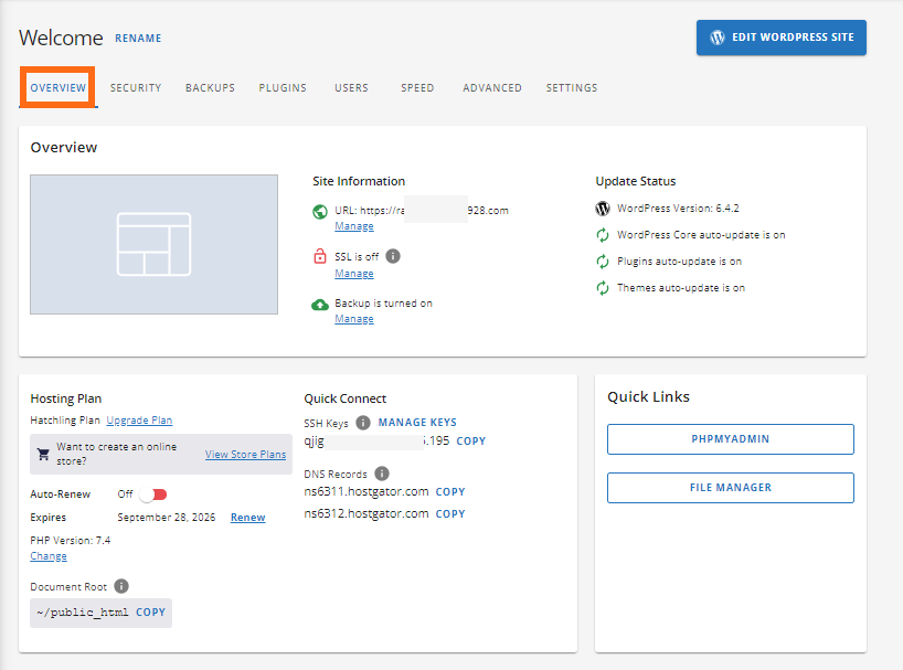 Customer Portal - Hosting - Website Settings