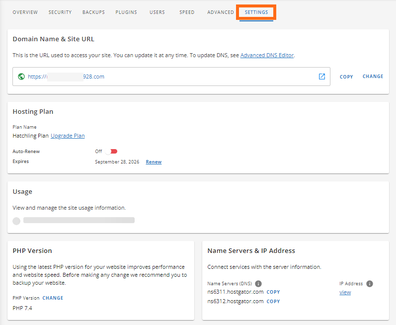 Customer Portal - Hosting - Settings
