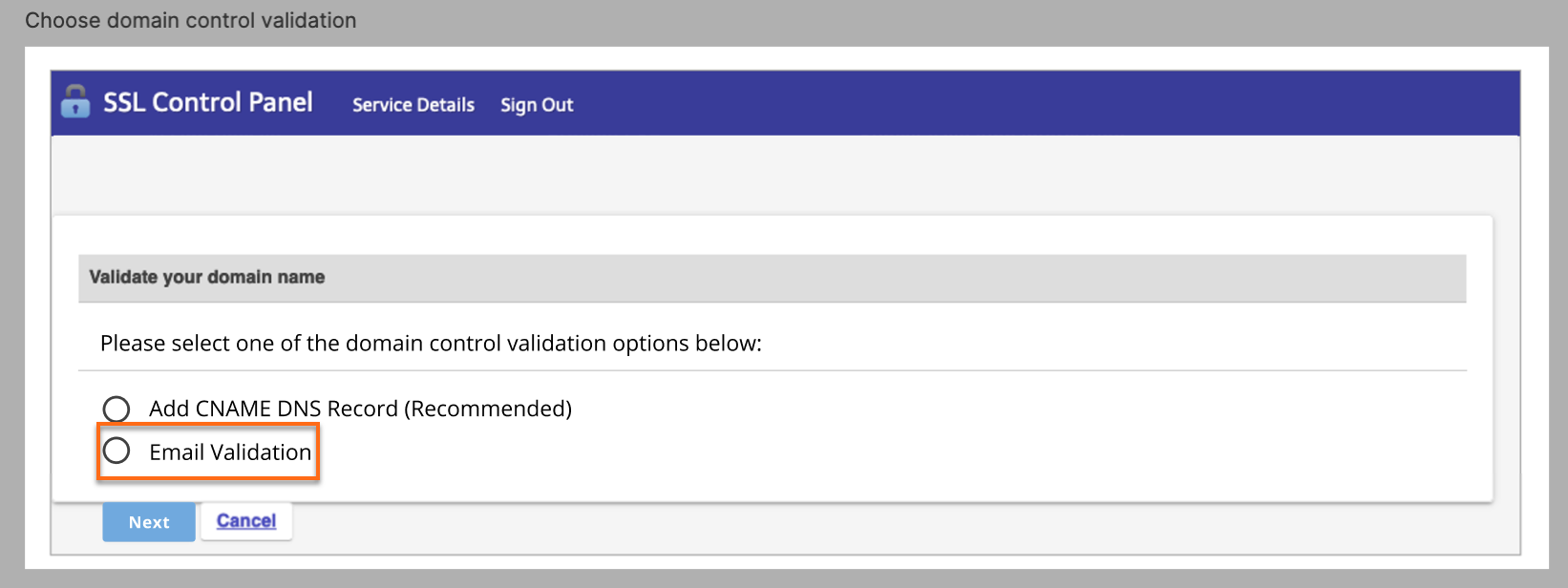 Security tab - SSL Certificates - Email Validation