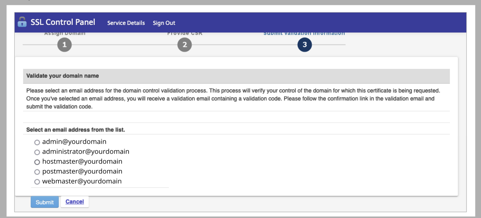 Security tab - SSL Certificates - Select Email Address