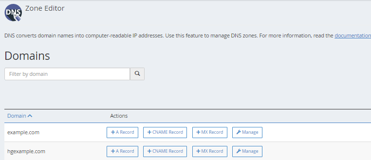 cPanel - Zone Editor - Manage