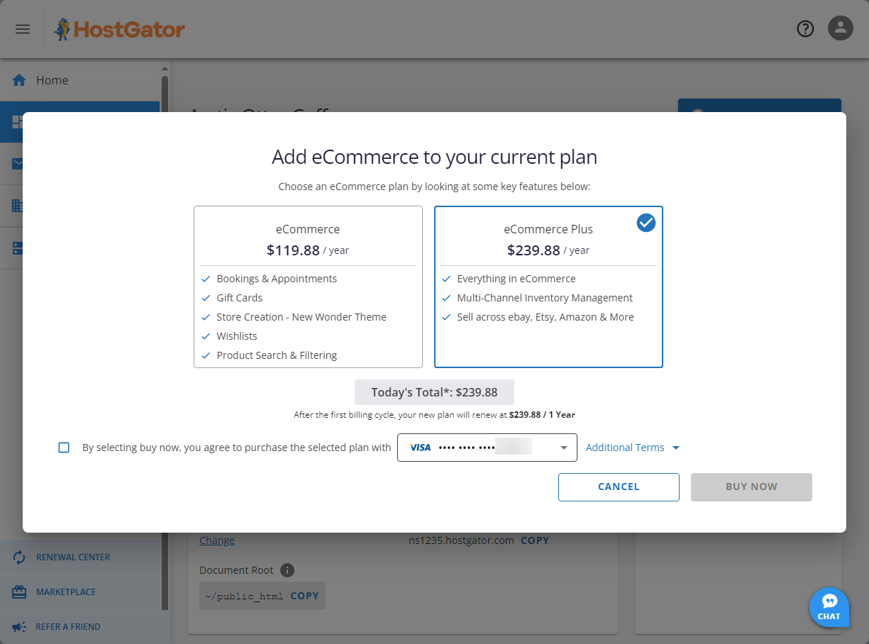 HostGator Customer Portal - Websites Store Plan popup
