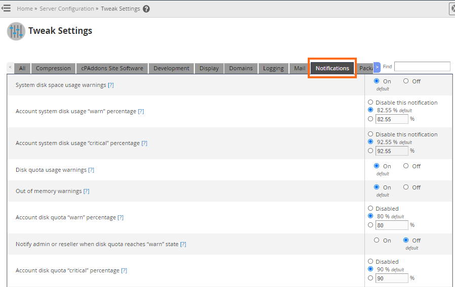 WHM - Notifications Tab