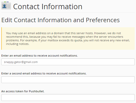cPanel - Enter Contact Information
