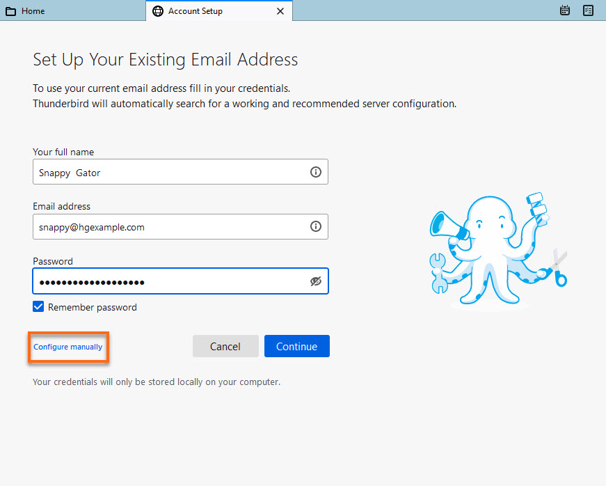 Thunderbird setup existing email page