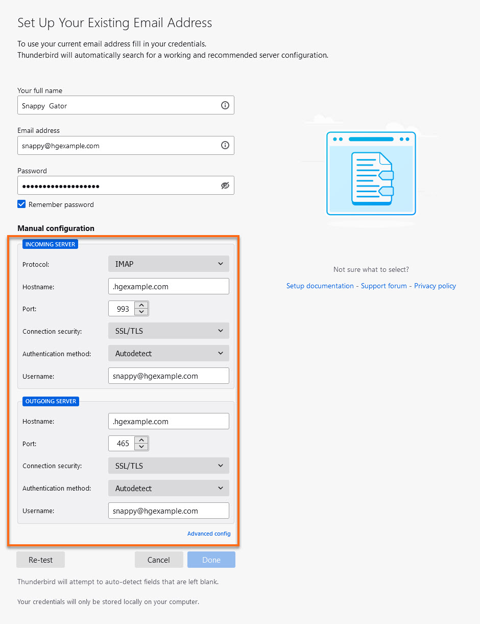 Thunderbird manual setup page
