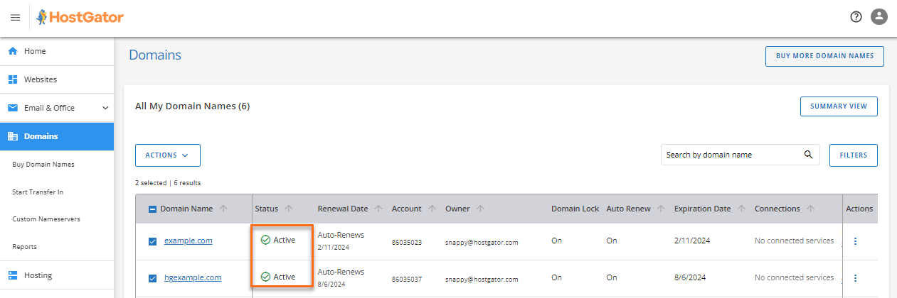HostGator 域名概览 域名状态