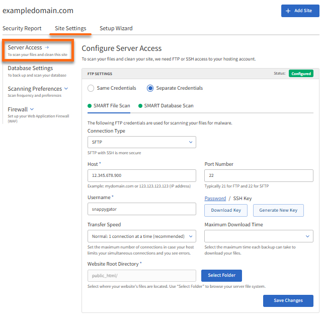 SMART File Scan - Site Settings tab - Server Access
