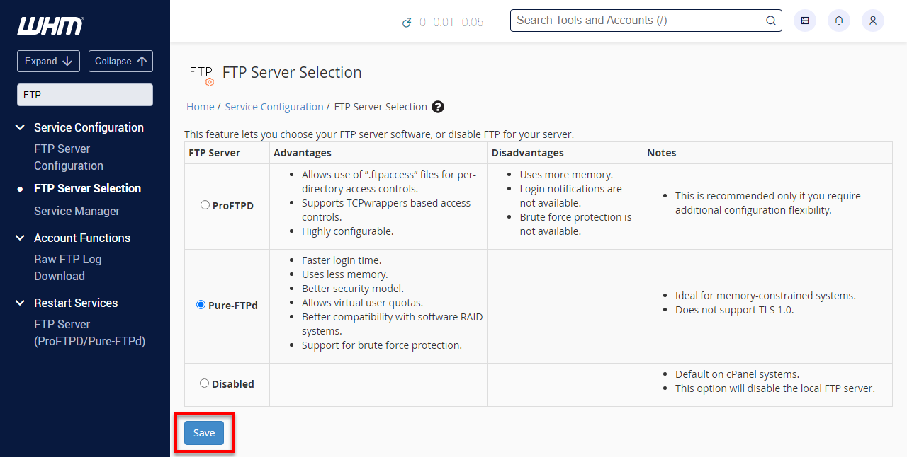 WHM — Save your option in FTP Server Selection FTP Selection Server Pure-FTPD