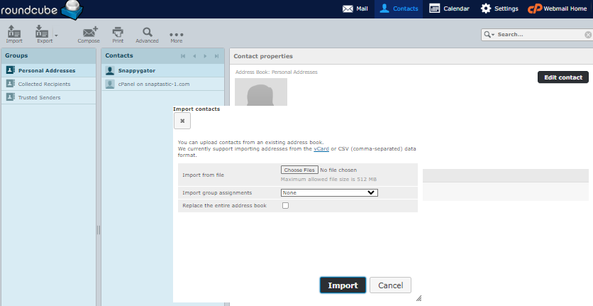 Roundcube - Contacts - Import contacts popup
