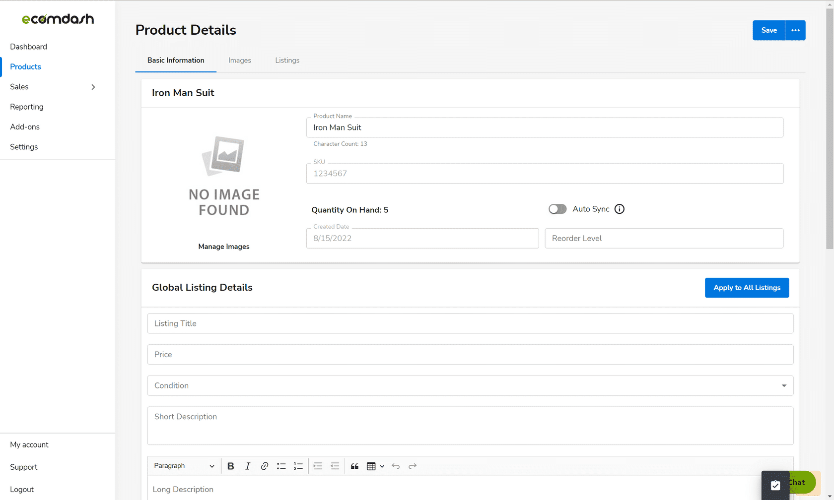HostGator Ecomdash Dashboard Product Listing
