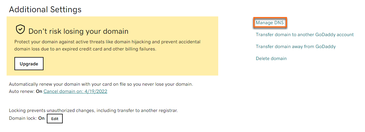 GoDaddy Additional Settings Manage DNS Link