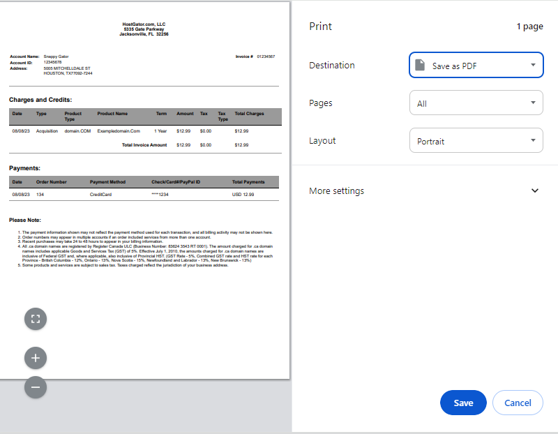 HostGator Pring Invoice