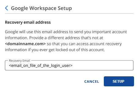 Google Workspace - Enter Recovery email address