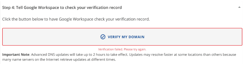 Failed domain verification