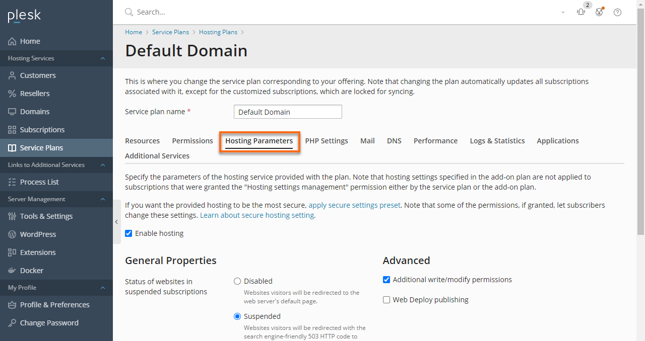 HostGator Plesk - Service Plans Hosting Parameters