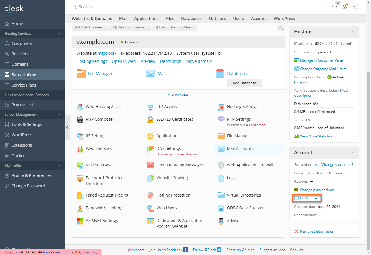 HostGator Plesk - Subscriptions Customize under Account