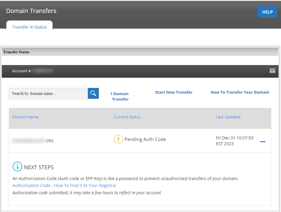 Status - Domain Transfer TO HostGator